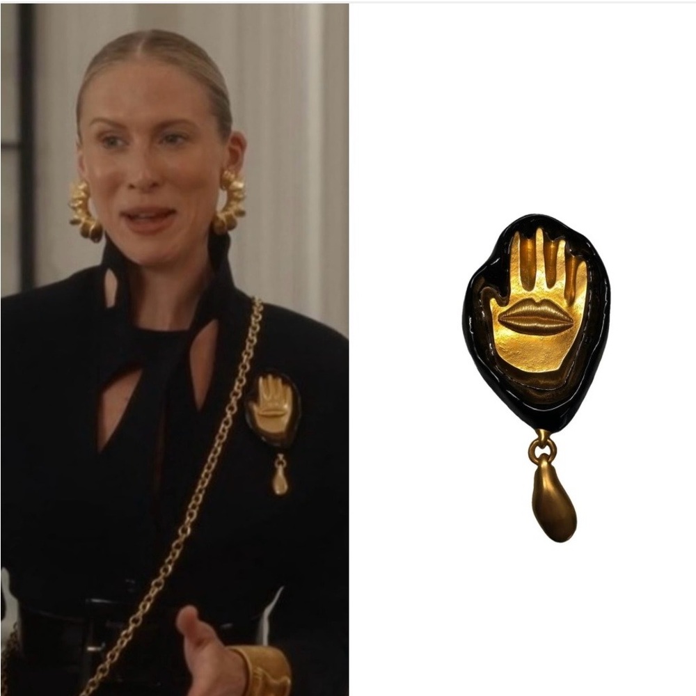 Gold Hand Brooch with black enamel